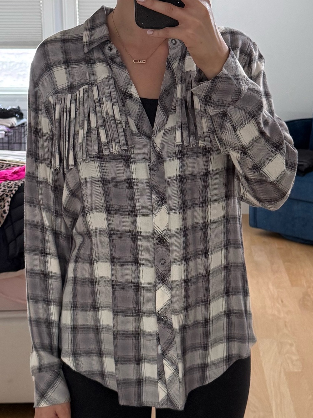Rails plaid fringe flannel snap button top
